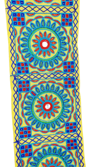 Indian Yellow Fabric Trim, Mirror Floral Kutch Embroidered, Decorative Trim